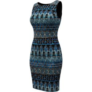 White House Black Market Blue Gold Metallic Embroidered Sheath Dress Size 0